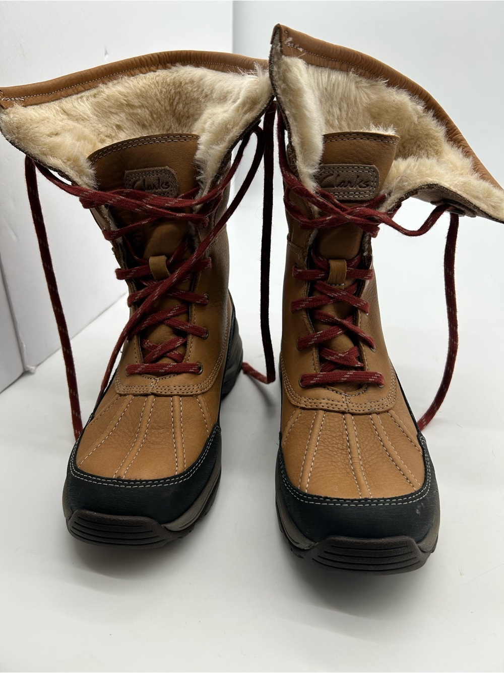 Clarks Brown and Black Faux-Fur Lined Lace-Up Winter Boots size 8.5 New